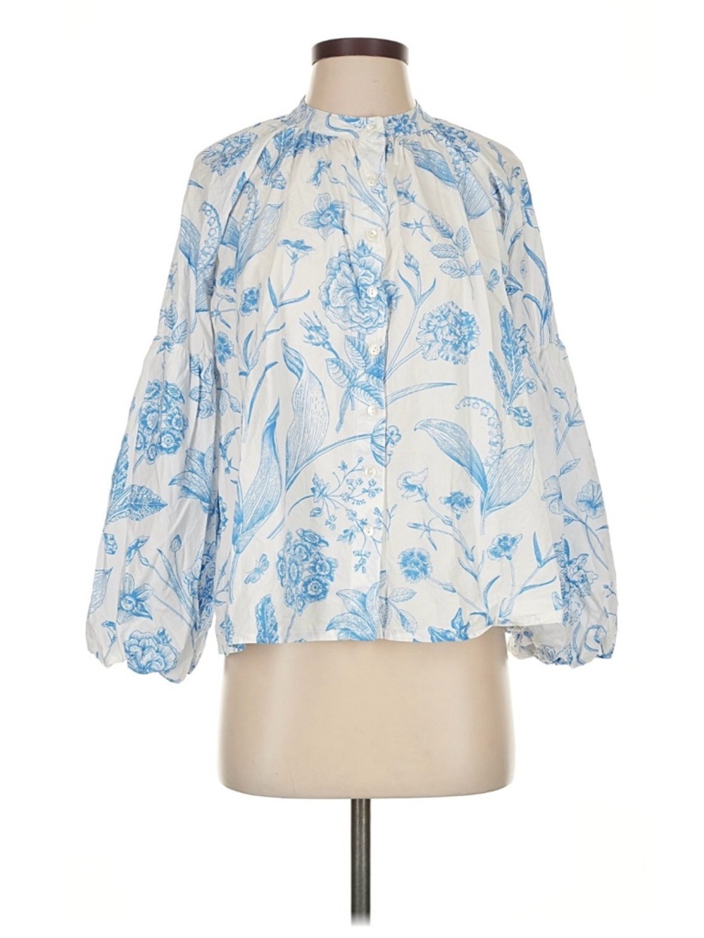 Blue Floral Button-Front Peasant Blouse - Women's Relaxed Top